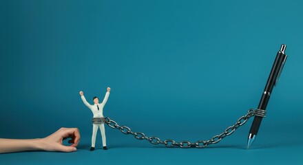 Caucasian male figurine in suit chained to pen Hand pulls chain