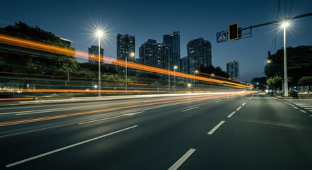 Night cityscape with light trails, high-rise buildings, and illuminated streetlights