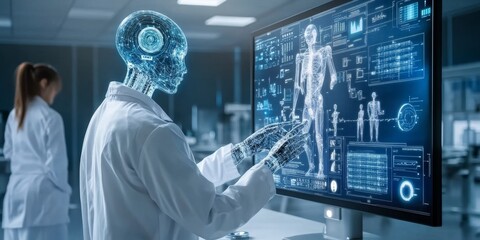Fototapeta premium High-tech laboratory with advanced AI systems analyzing medical data, scientists in lab coats, innovative health informatics