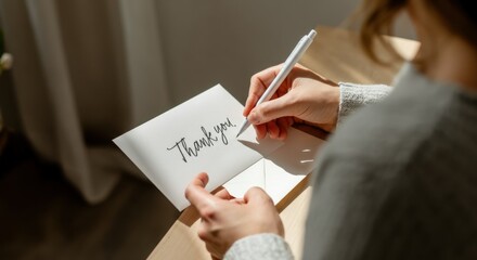 Woman writing thank you note on white card with envelope