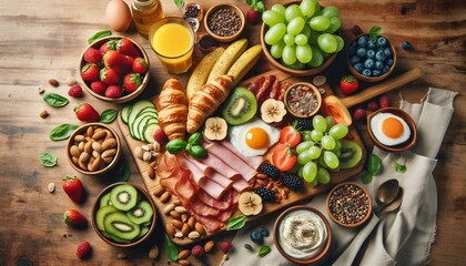 Healthy breakfast food table scene. Top down view over a white wood banner background.