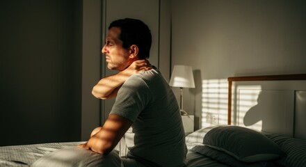 Man sitting on bed in sunlight, holding neck pain