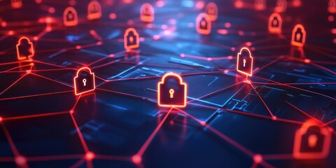 Cybersecurity framework diagram with interconnected nodes, glowing lines, and padlock symbols