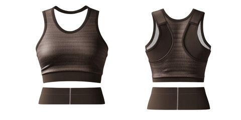 Brown female sports exercise bra tank crop top front and back view. Blank mockup design on transparent cutout background, PNG file. Mockup clipart template