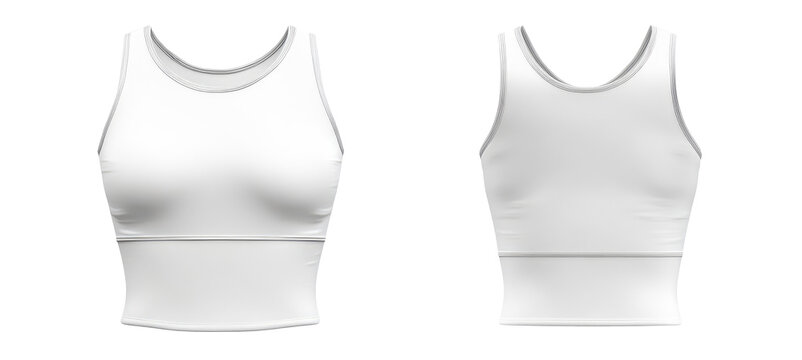White female sports exercise bra tank crop top front and back view. Blank mockup design on transparent cutout background, PNG file. Mockup clipart template