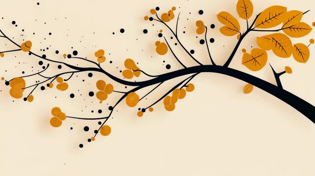 A simple illustration of a black tree branch with orange leaves against a light beige background