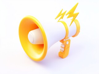 3D render of a loudspeaker in yellow and white for an announcement or advertising message. Cartoon loudspeaker or bullhorn used for caution messages and marketing campaigns.