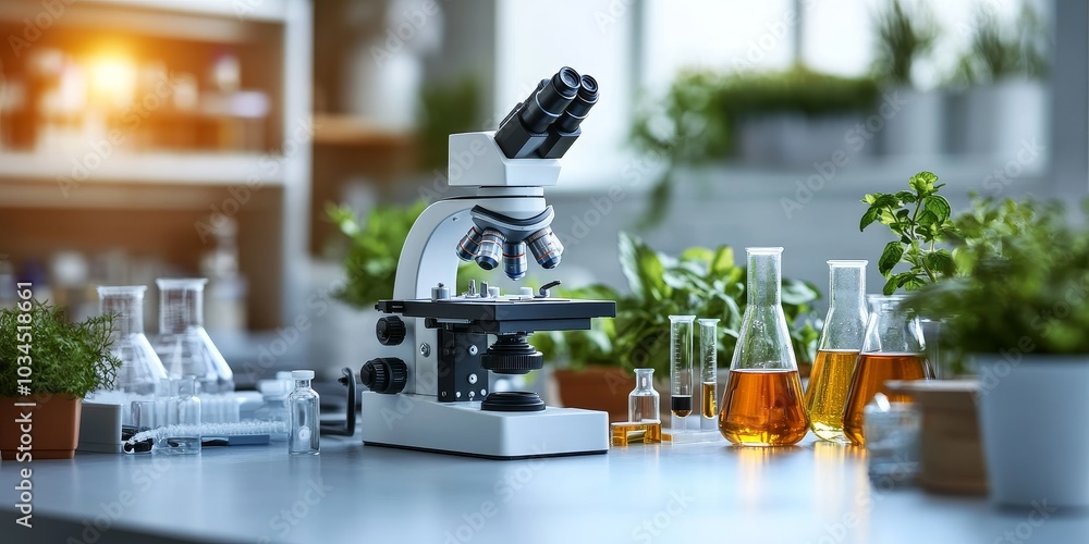 Aufkleber laboratory setting with a focus on a microscope examining a plant sample, surrounded by chemical gla