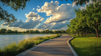 Fototapeta premium Boardwalk amidst city park clouds