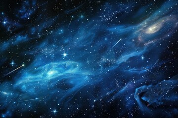 A cosmic vista showcasing swirling blue nebulas, distant galaxies, and shooting stars against a star-filled backdrop in the vastness of outer space