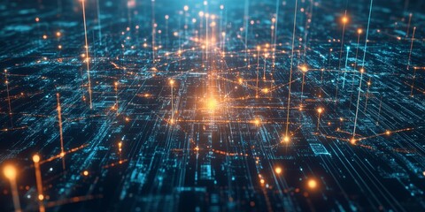 Fototapeta premium Abstract representation of a connected world with lines and icons linking data points across a cityscape