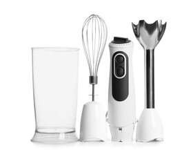 Modern blender with different attachments on white background