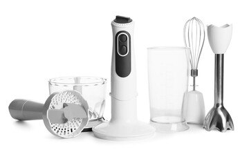 Modern blender with different attachments on white background