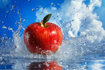 Red ripe apple and splash of clear water on sky background. Concept of fresh produce, harvest, superfood for vitamins and diet with space for text
