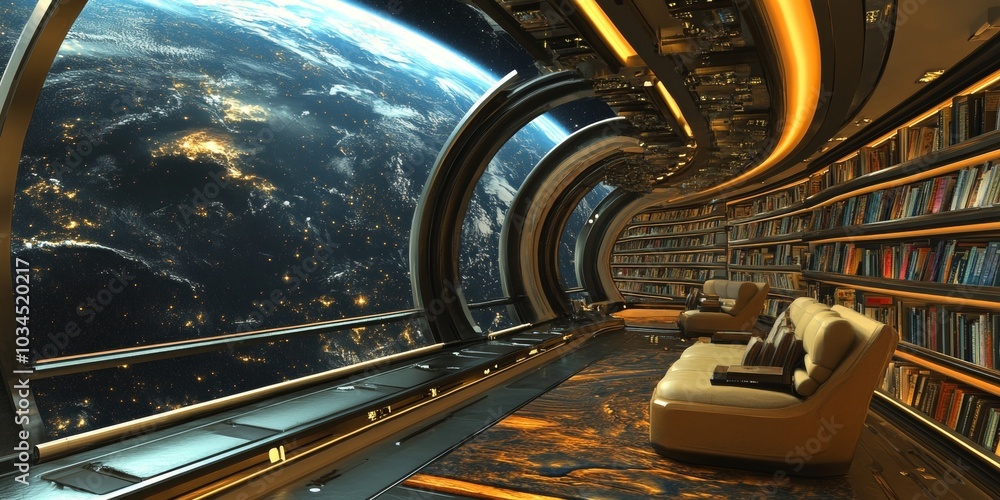 Poster virtual library set in a space station with panoramic views of the cosmos, floating books, and zero-