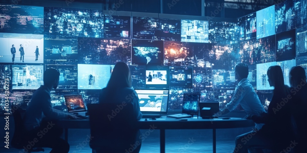 Leinwandbilder Dynamic news room with AI-driven content generation, journalists collaborating in real-time, creating multimedia reports