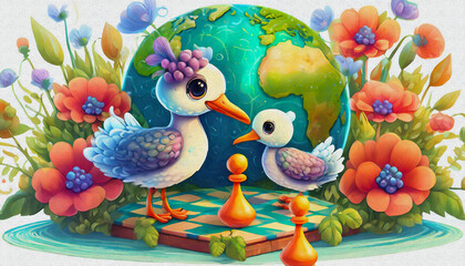 Obraz premium oil painting style CARTOON CHARACTER illustration CUTE baby stork in game of chess . isolated on white background
