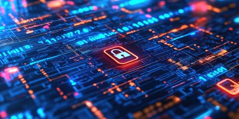 Obraz premium Network security system interface, padlock and binary code, data encryption concept, no people