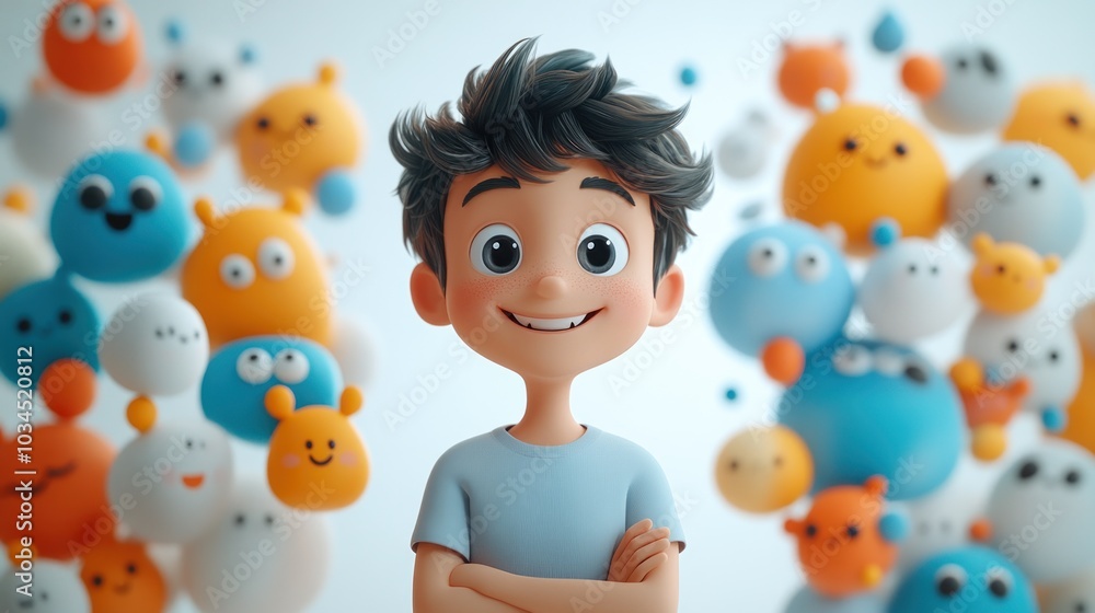 Poster smiling boy with colorful 3d characters