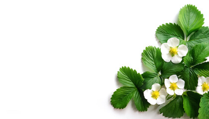 strawberry leaves pattern on side position provides copy space for text. background concept isolated white