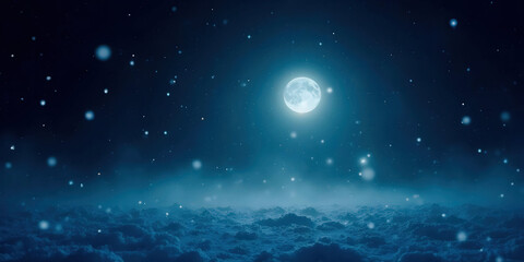 Fototapeta premium Winter Night Sky Background featuring a dark sky filled with twinkling stars and a glowing crescent moon, creating a serene and magical atmosphere perfect for winter-themed designs.