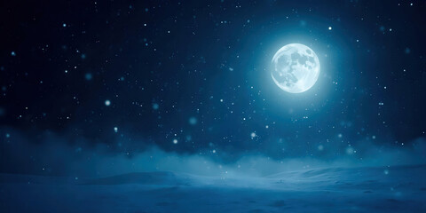 Fototapeta premium Winter Night Sky Background featuring a dark sky filled with twinkling stars and a glowing crescent moon, creating a serene and magical atmosphere perfect for winter-themed designs