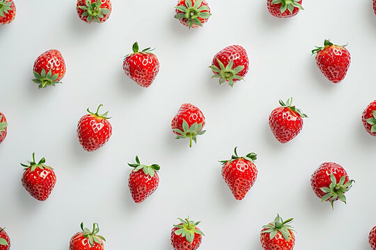 Ripe wild strawberry. Red juicy berry on white background geometric ornament. Design template for backgrounds, wallpapers and backdrops with ingredients and menu