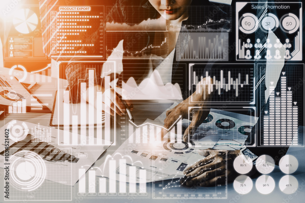 Poster big data technology for business finance analytic concept. modern interface shows massive informatio
