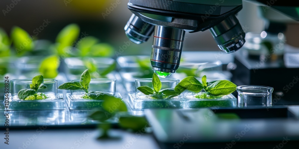 Aufkleber Laboratory analysis of genetically engineered plants under a microscope, showcasing altered cell structures and gene expression