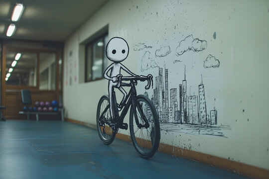 Stick Figure Riding Bicycle with Cityscape Drawing on Wall