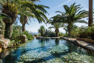 Fototapeta premium Serene tropical oasis with palm trees surrounding a tranquil poolside view under a clear sky during daylight