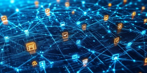 Abstract background with glowing lines and nodes linking business icons and data points, illustrating online communication