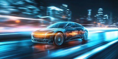 Autonomous electric car navigating city streets, advanced AI technology, urban mobility, future transport