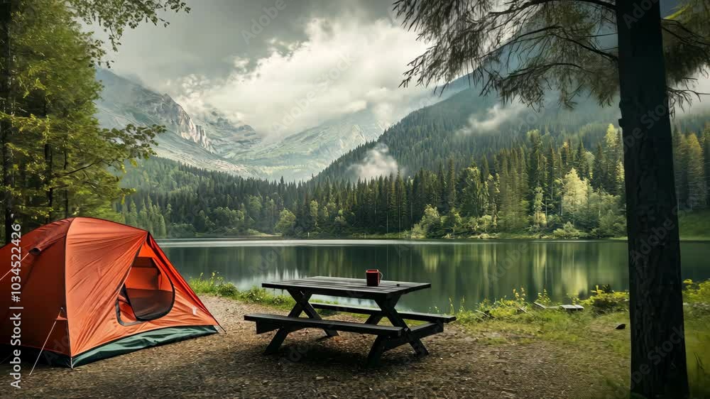Poster a red tent sits near a picnic table by a lake with a mountain range in the background
