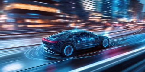 Fototapeta premium Autonomous electric car navigating city streets, advanced AI technology, urban mobility, future transport