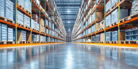 Fototapeta premium Organized warehouse with digital shelf labels, AI-driven logistics, and automated storage and retrieval systems