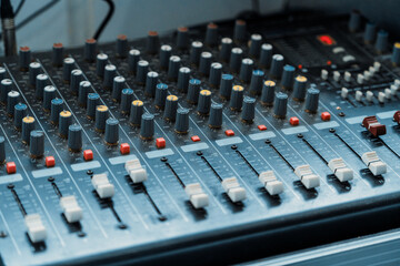 Amplifier mixer and equalizer in studio room in close up view. uds