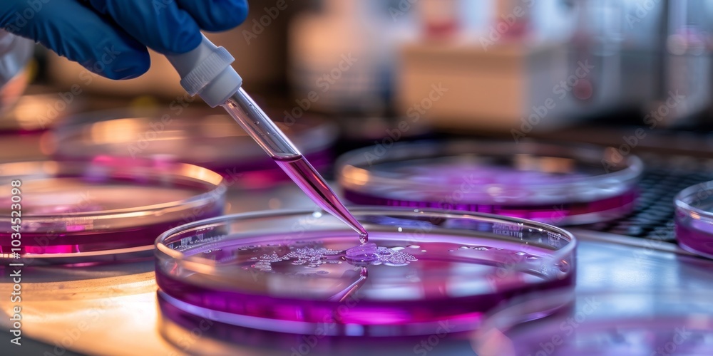 Poster Scientist using a pipette to add a drop of purple liquid to a Petri dish, with a detailed lab background