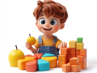 Cute Cartoon Boy Playing with Colorful Blocks