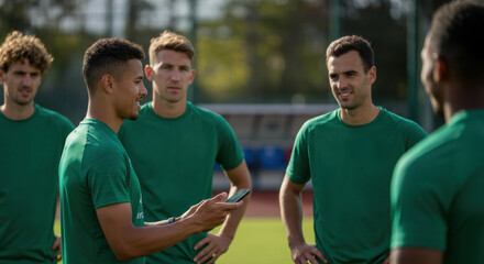 Group of men in green shirts having discussion outdoors