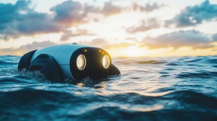 Obraz premium Ocean cleanup technologies. An autonomous underwater robot floating on the ocean surface at sunset, symbolizing marine exploration, robotics, and advanced technology. 