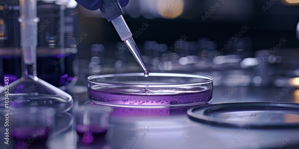 Poster scientist using a pipette to add a drop of purple liquid to a petri dish, with a detailed lab backgr