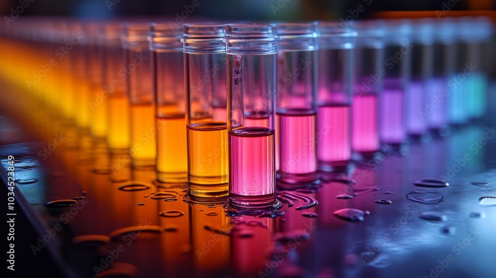 Aufkleber A row of test tubes filled with brightly colored liquids glows under dramatic lighting, creating a vibrant display in a laboratory setting during evening hours.