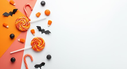 Fototapeta premium Halloween-themed candy assortment with lollipops, corn, and bat decorations on orange white background