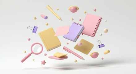 Floating pastel stationery objects, including notebooks, pencils, clips, and magnifying glass on light background