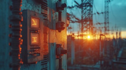 Close-up of a control panel in a power substation with a blurry background of power lines and the sunset.