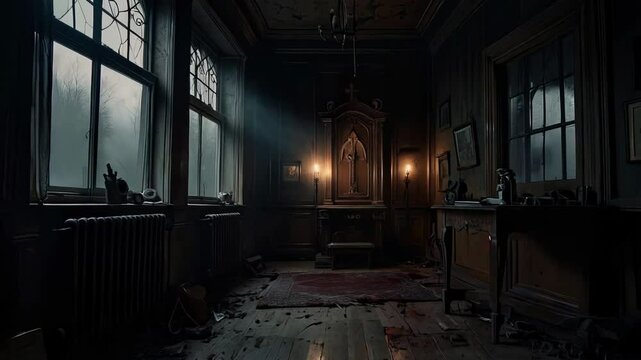 Sunlight illuminating dust in abandoned victorian house, revealing old shrine in eerie, mysterious atmosphere. Creepy, haunted ambiance exudes despair and neglect for Halloween atmosphere and game