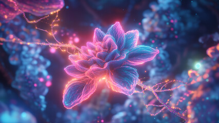 Hypnotic Fractal Symmetry: Neon Leaves Expanding in Slow Motion