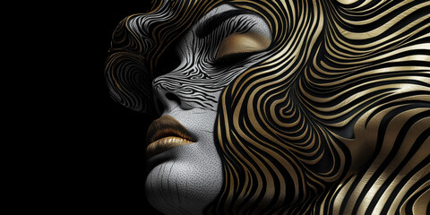 Unique elegant designed masquerade mask, as installation artwork with detailed layers in black, white and gold color. halloween masquerade ball party with black and golden masquerade masks.