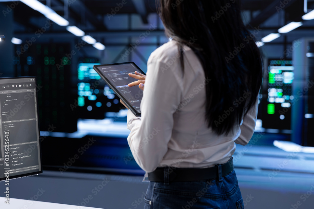 Poster engineer doing yearly checkup to prolong data center electronics life span and avoid downtime. woman